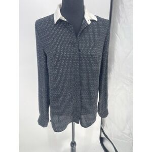 Promod | Vintage 90s Pleated Size 6 Black Crinkle Button Down Long Sleeves Bin12